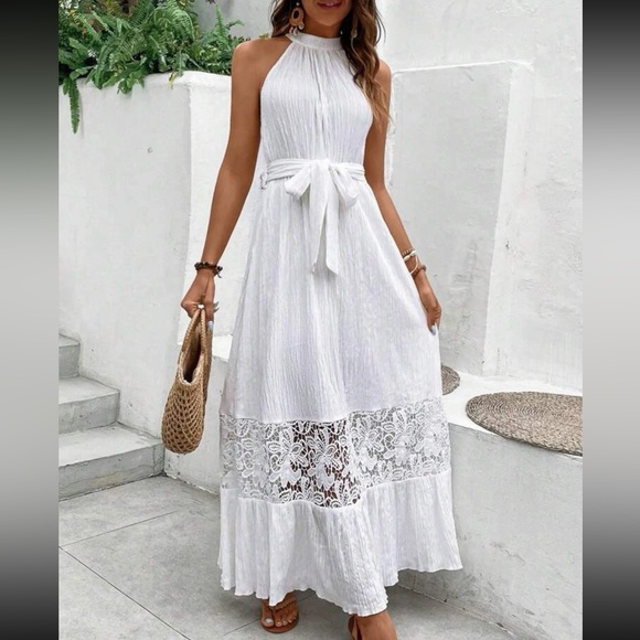 Dresses & Skirts - White Contrast Guipure Sheer Mesh Lace Layered Hem Belted Halter Dress